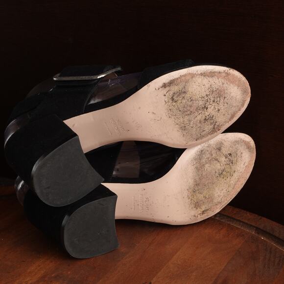 Stuart Weitzman Sandals WMS SZ 5.5M BLK Suede Block Heel Buckle Slingback Shoes - Picture 8 of 13